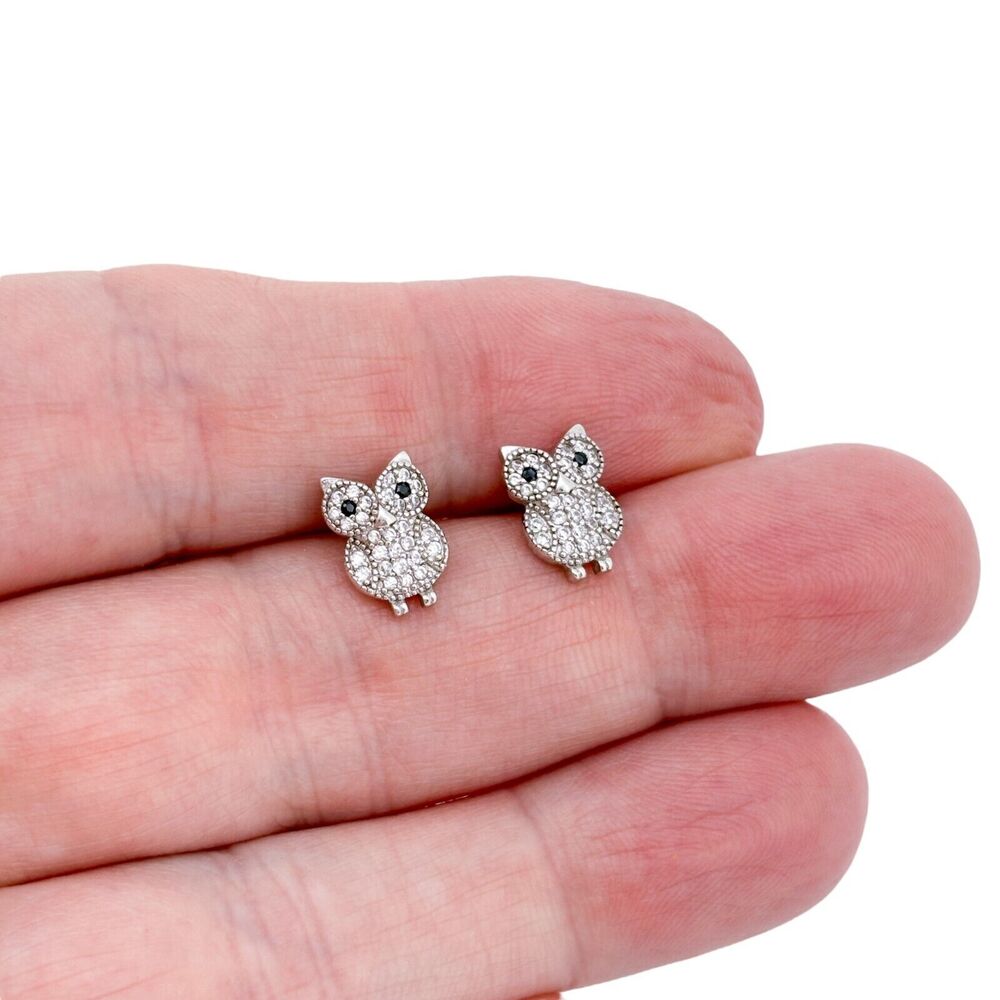Estate Sterling Silver 925 Cubic Zirconia 12.4mm Owl Stud Earrings
